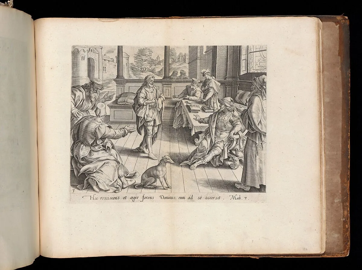 The King Summoning the Servant, from The Parable of the Unmerciful Servant, bound in Thesaurus Sacrarum historiarum Veteris et Novi Testamenti — Gerard de Jode|Anonymous, Netherlandish, 16th century|Gerard van Groeningen