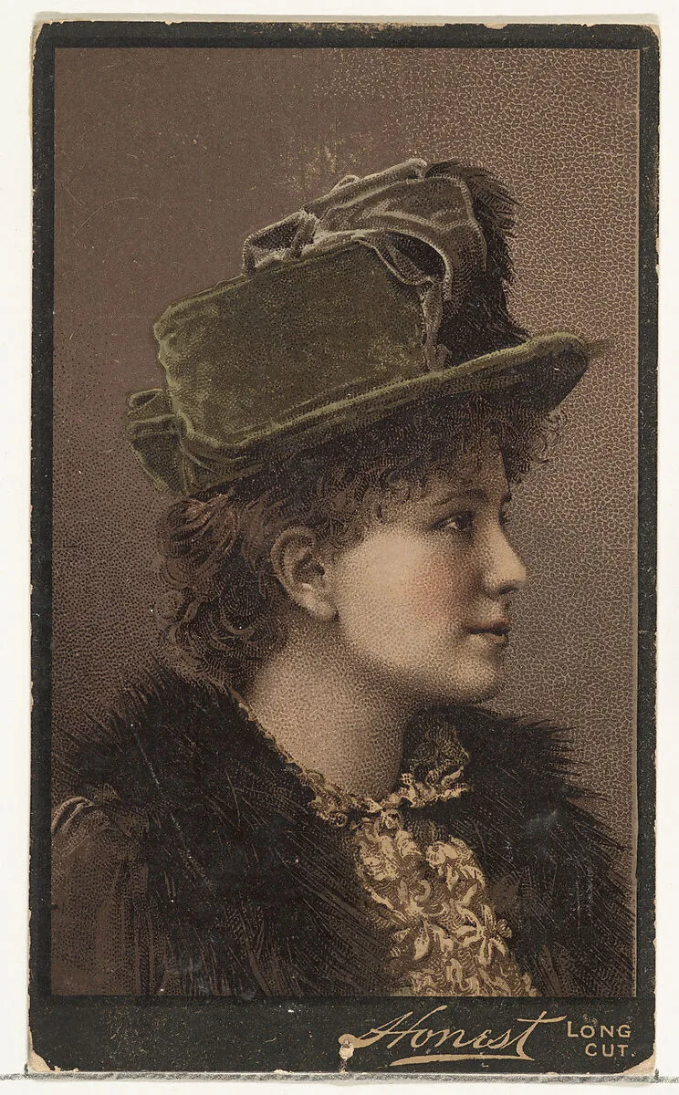 Actress in profile wearing green velvet hat, from Stars of the Stage, Third Series (N131) issued by Duke Sons & Co. to promote Honest Long Cut Tobacco — American Tobacco Company|Joseph P. Knapp|W. Duke, Sons & Co.