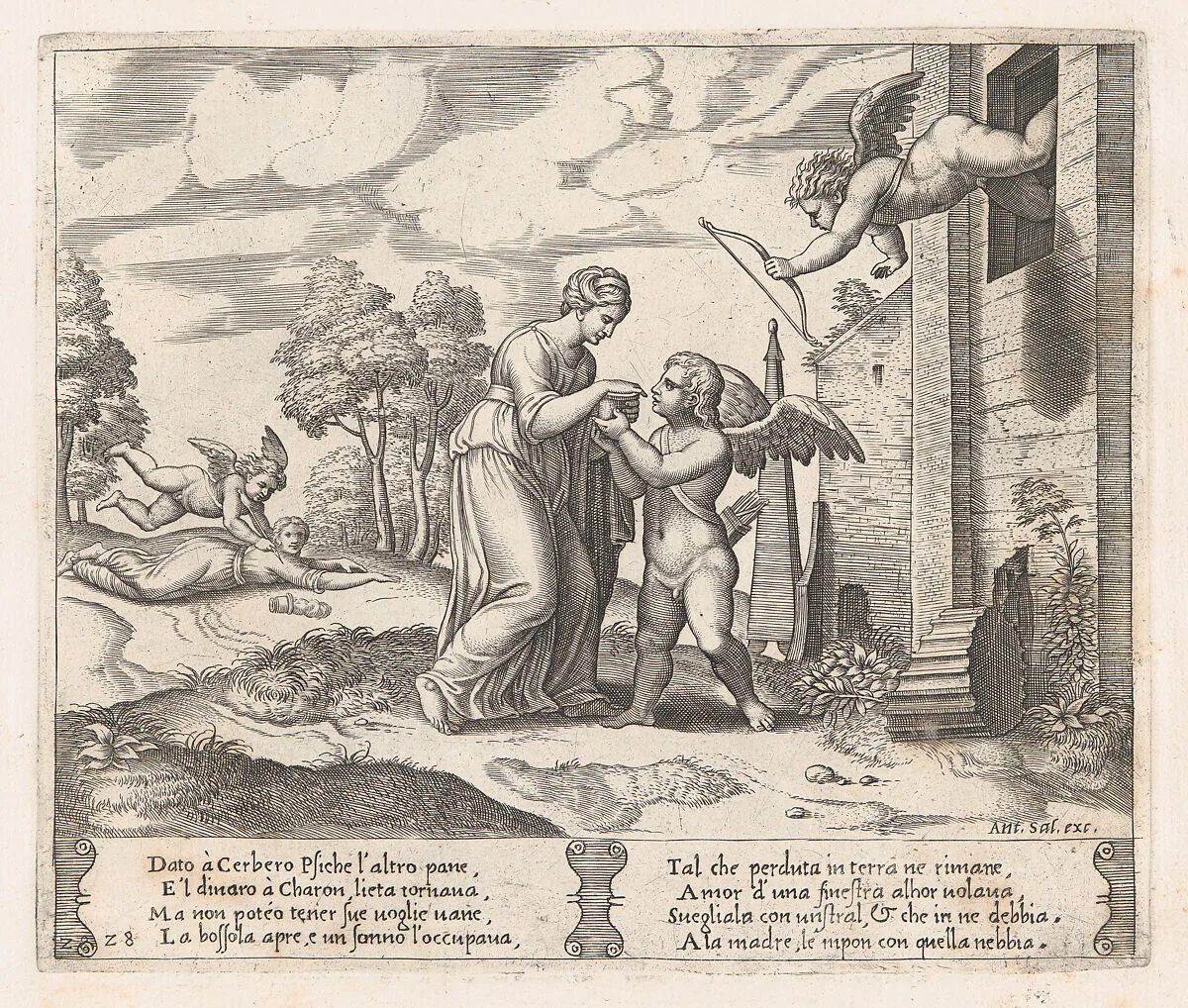 Plate 28: Psyche, wanting to appear more beautiful opens the box, as Cupid arrives in the upper right, and at left his arrow pierces Psyche, who has fallen to the ground, from "The Story of Cupid and Psyche as told by Apuleius" — Antonio Salamanca|Master of the Die|Michiel Coxie (I)