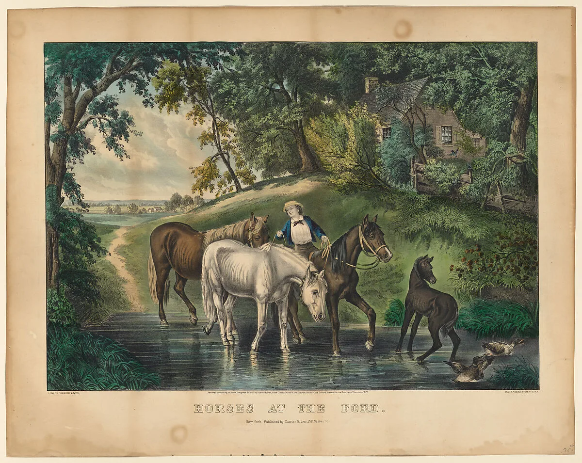 Horses at the Ford — Currier & Ives