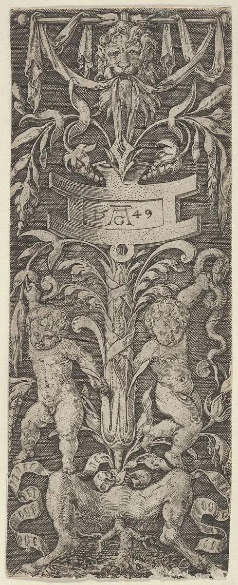 Panel of Ornament with Two Nude Boys Standing on the Legs of a Satyr — Heinrich Aldegrever