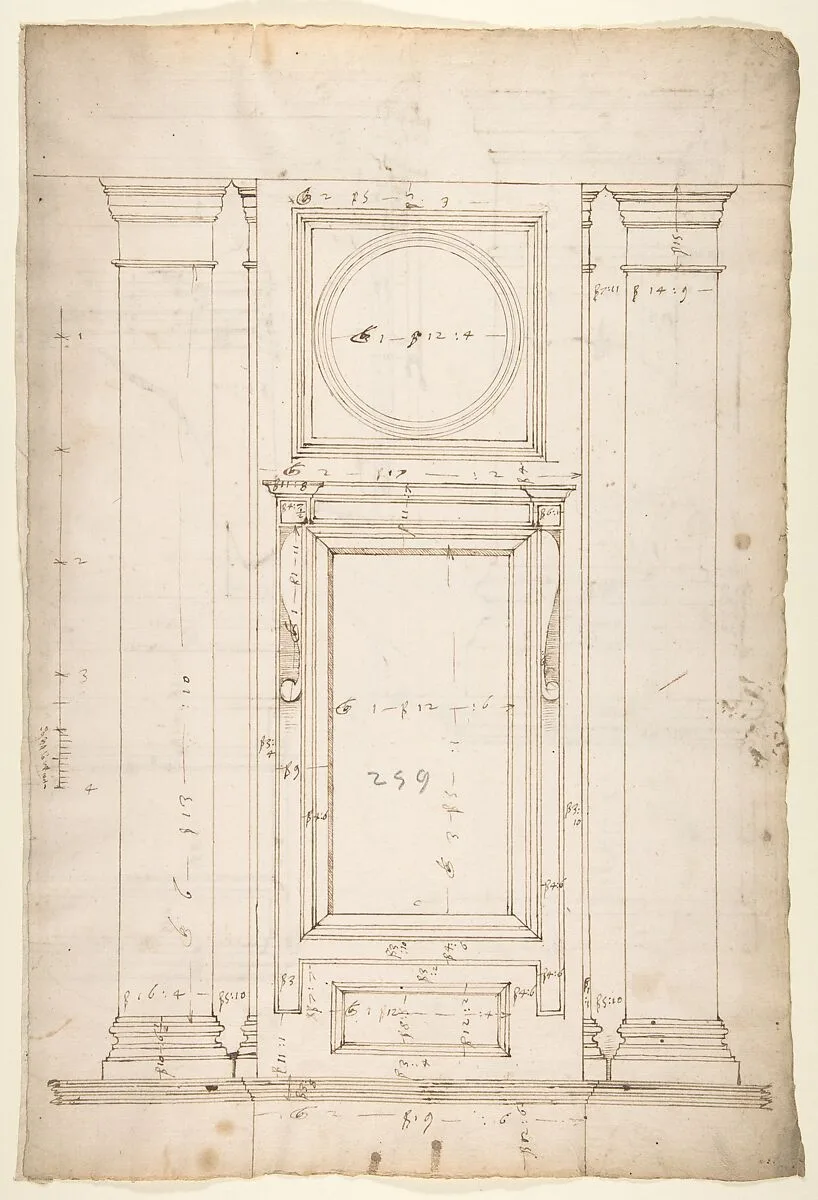 San Lorenzo, Library, Ricetto, window, elevation (recto) San Lorenzo, Library, Ricetto, column, elevation; details, elevation (verso) — Anonymous, French, 16th century