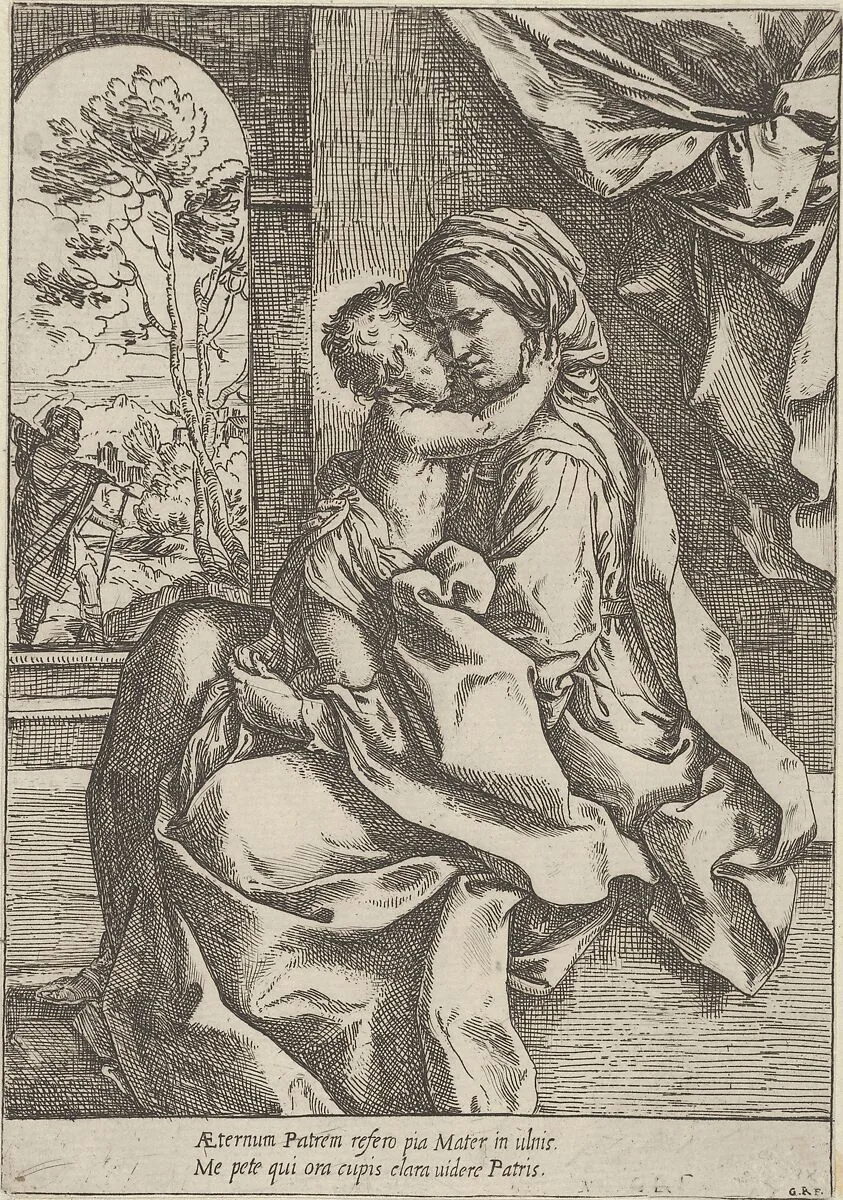 The Virgin seated with the Christ Child on her lap embracing her, Joseph seen through an archway at left — Guido Reni