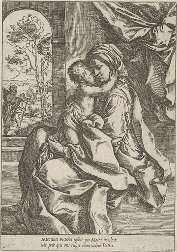 The Virgin seated with the Christ Child on her lap embracing her, Joseph seen through an archway at left