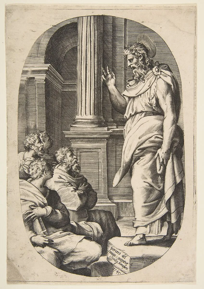 Saint Paul Preaching, an oval composition — Giulio Bonasone|Perino del Vaga (Pietro Buonaccorsi)