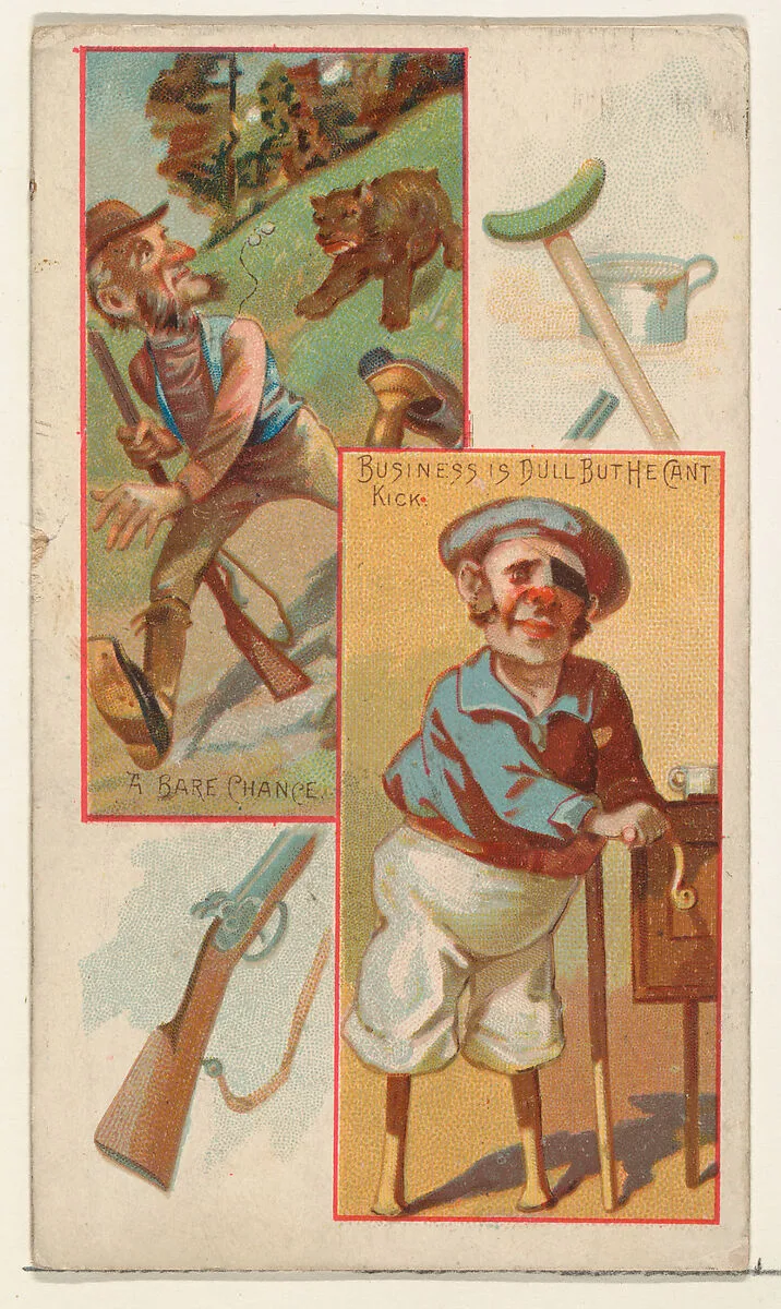A Bare Chance / Business is Dull But He Can't Kick, from the Jokes series (N118) issued by Duke Sons & Co. to promote Honest Long Cut Tobacco — W. Duke, Sons & Co.|American Tobacco Company|George S. Harris & Sons