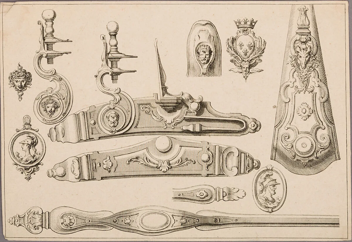 Design of a Flintlock, Side Plate, Butt Plate, and Trigger Guard, unnumbered plate from Nouveaux Desseins d'Arquebuserie Inventez et Gravez par Le Sr. Gillot — Claude Gillot