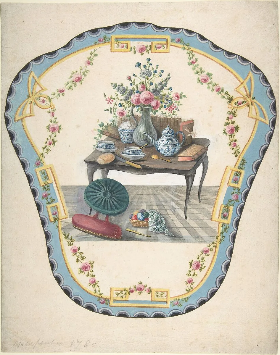 Design for a Firescreen with a Table with a Vase of Flowers, Books, and Teapot — Eugène Charpentier