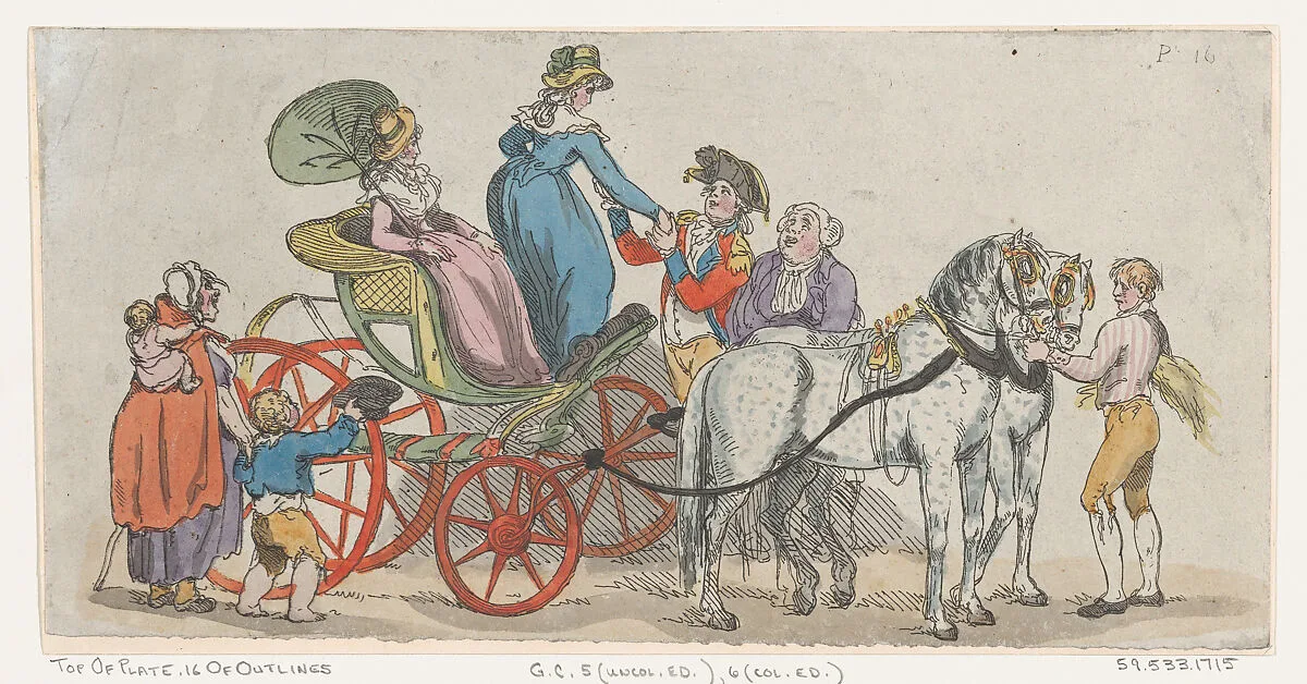 Ladies Getting Out of a Carriage (from Plate 16, Outlines of Figures, Landscapes and Cattle) — Thomas Rowlandson