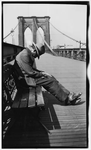 [Man Sleeping on Bench, Brooklyn Bridge, New York City]