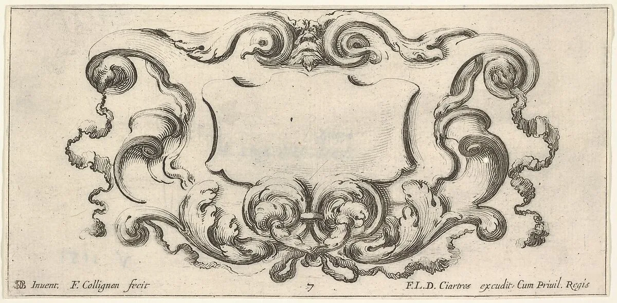Plate 7: a cartouche with the mask of an ogre at top center, scrollwork to either side, from 'Twelve cartouches' (Recueil de douze cartouches) — François Langlois|Stefano della Bella|François Collignon