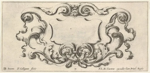 Plate 7: a cartouche with the mask of an ogre at top center, scrollwork to either side, from 'Twelve cartouches' (Recueil de douze cartouches)