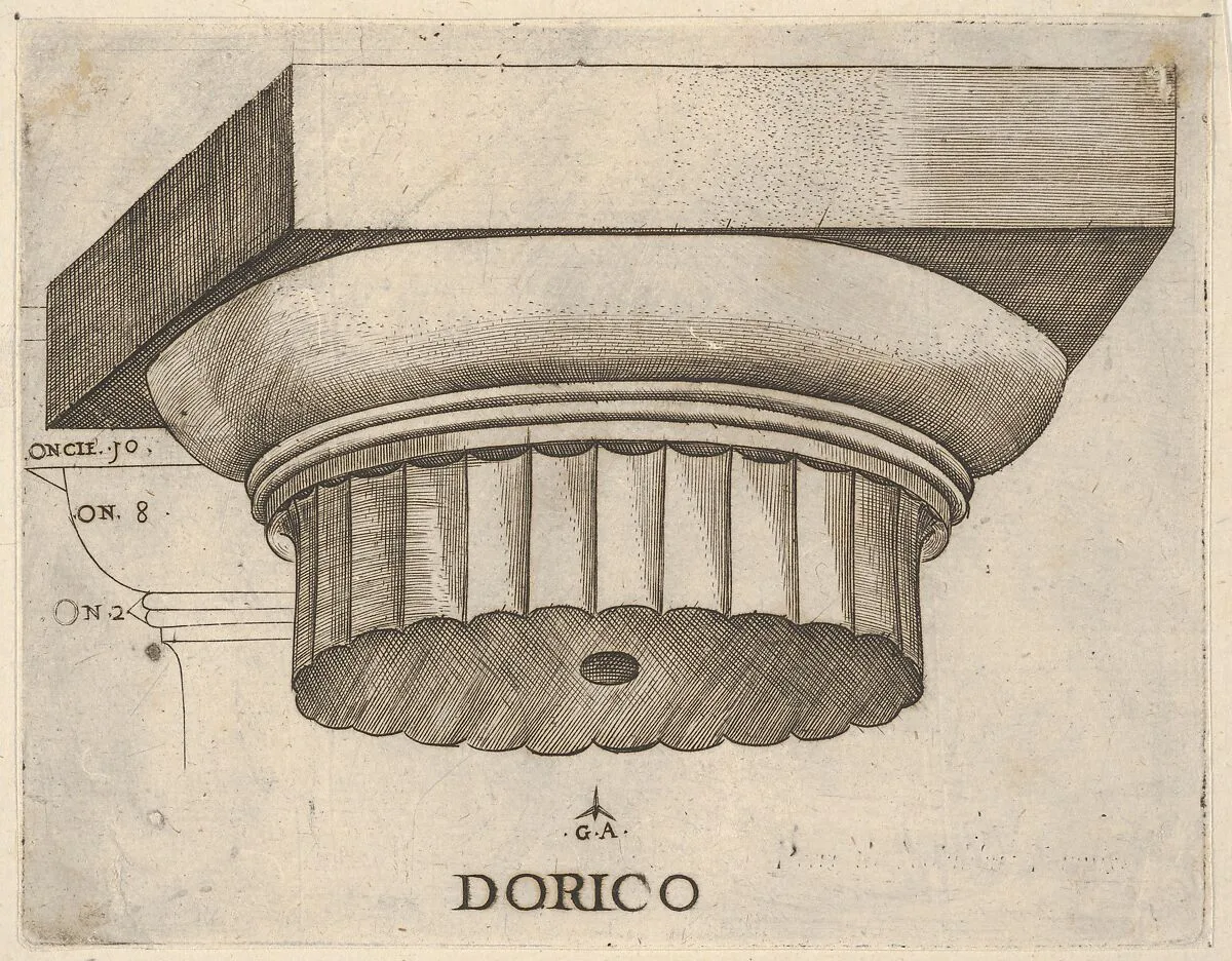 Doric capital with measurements — Monogrammist G.A. & the Caltrop