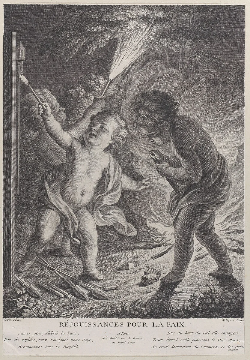 Celebrating Peace (Réjouissances pour la paix), three putti with fireworks — Denis Charles Buldet|Jean-François Gille Colson|Nicolas Gabriel Dupuis