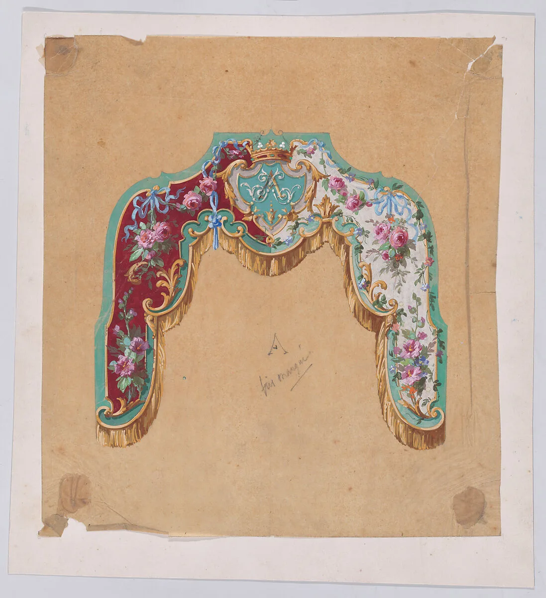 Design for a Valance with Bundles and Garlands of Flowers and a Monogram Presenting Two Design Variants — Anonymous, French, 19th century