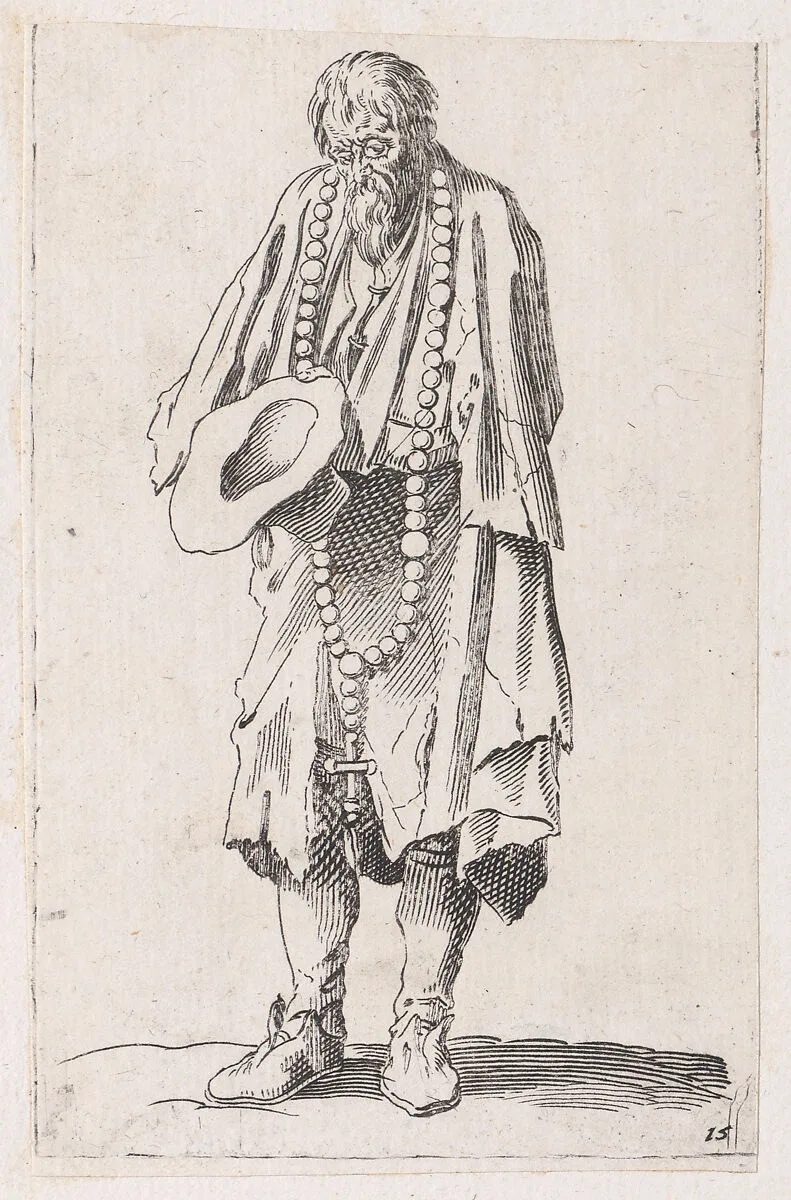 Reverse Copy of Le Mendiant au Rosaire (The Beggar with a Rosary), from Les Gueux suite appelée aussi Les Mendiants, Les Baroni, ou Les Barons (The Beggars, also called the Barons) — Jacques Callot|Anonymous