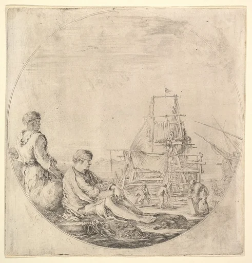 A Black sailor standing to left, in profile to the right, a White sailor seated in center with legs outstretched, a ship being repaired to right in the background