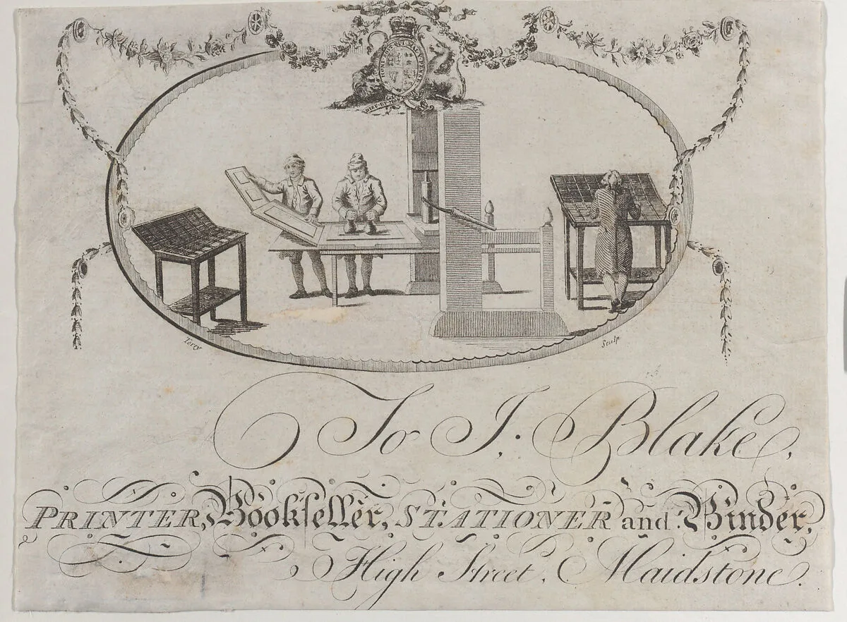Trade card for Jo J. Blake, printer, bookseller, stationer, and binder — Anonymous, British, 18th century