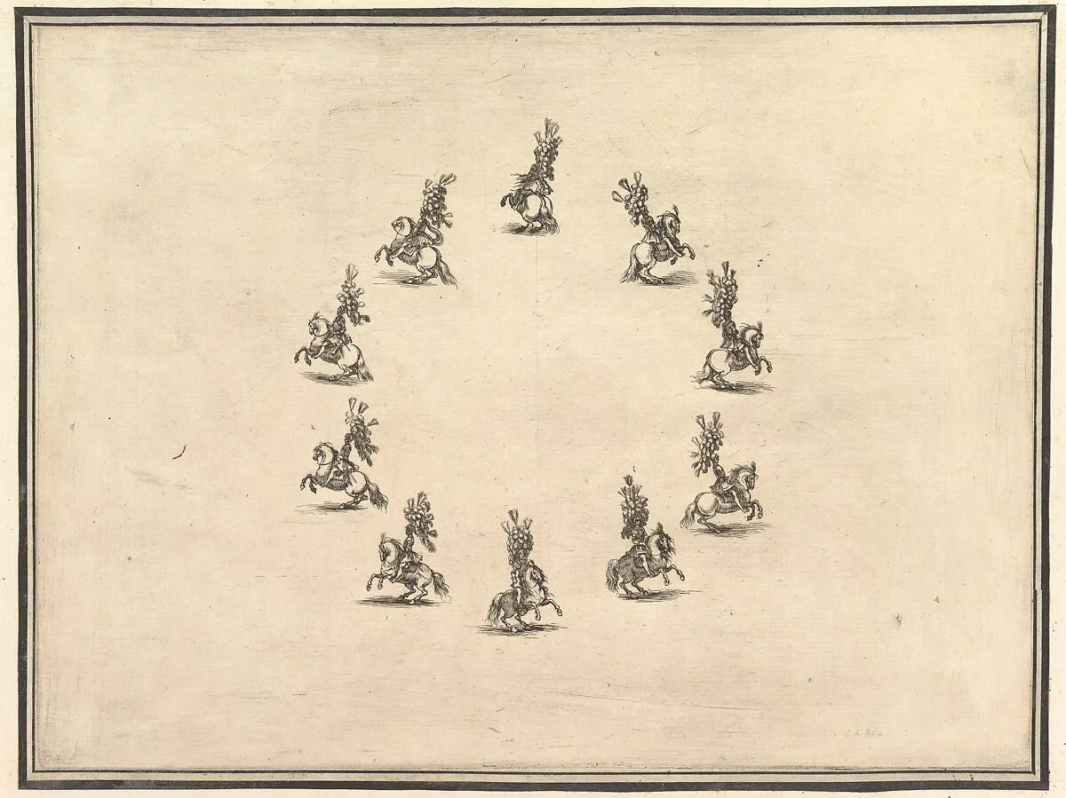 Six riders forming a circle, from "La gara delle Stagioni" — Stefano della Bella