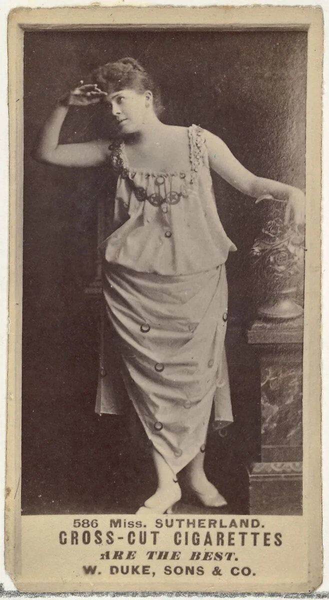 Card Number 586, Miss Sutherland, from the Actors and Actresses series (N145-3) issued by Duke Sons & Co. to promote Cross Cut Cigarettes — W. Duke, Sons & Co.
