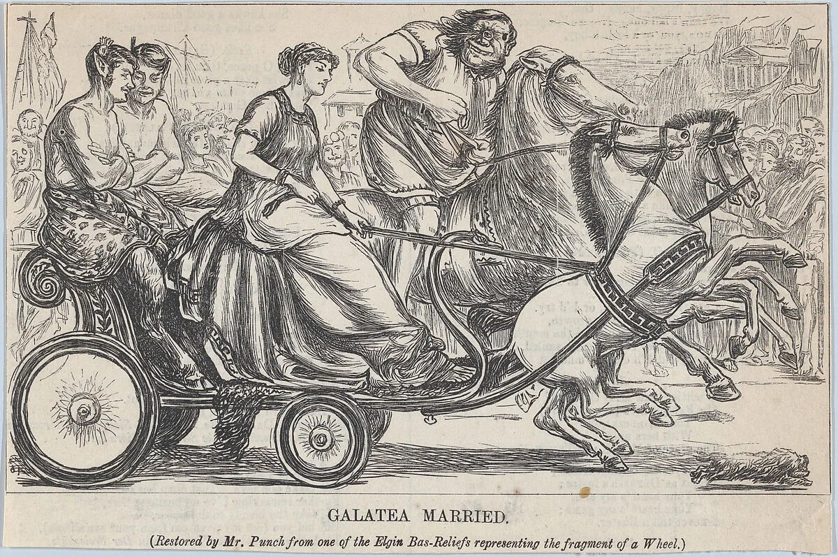 Galatea Married – Restored by Mr. Punch from one of the Elgin Bas-Reliefs representing the fragment of a Wheel (Punch, or the London Charivari, April 14, 1866, p. 151) — Anonymous, British, 19th century