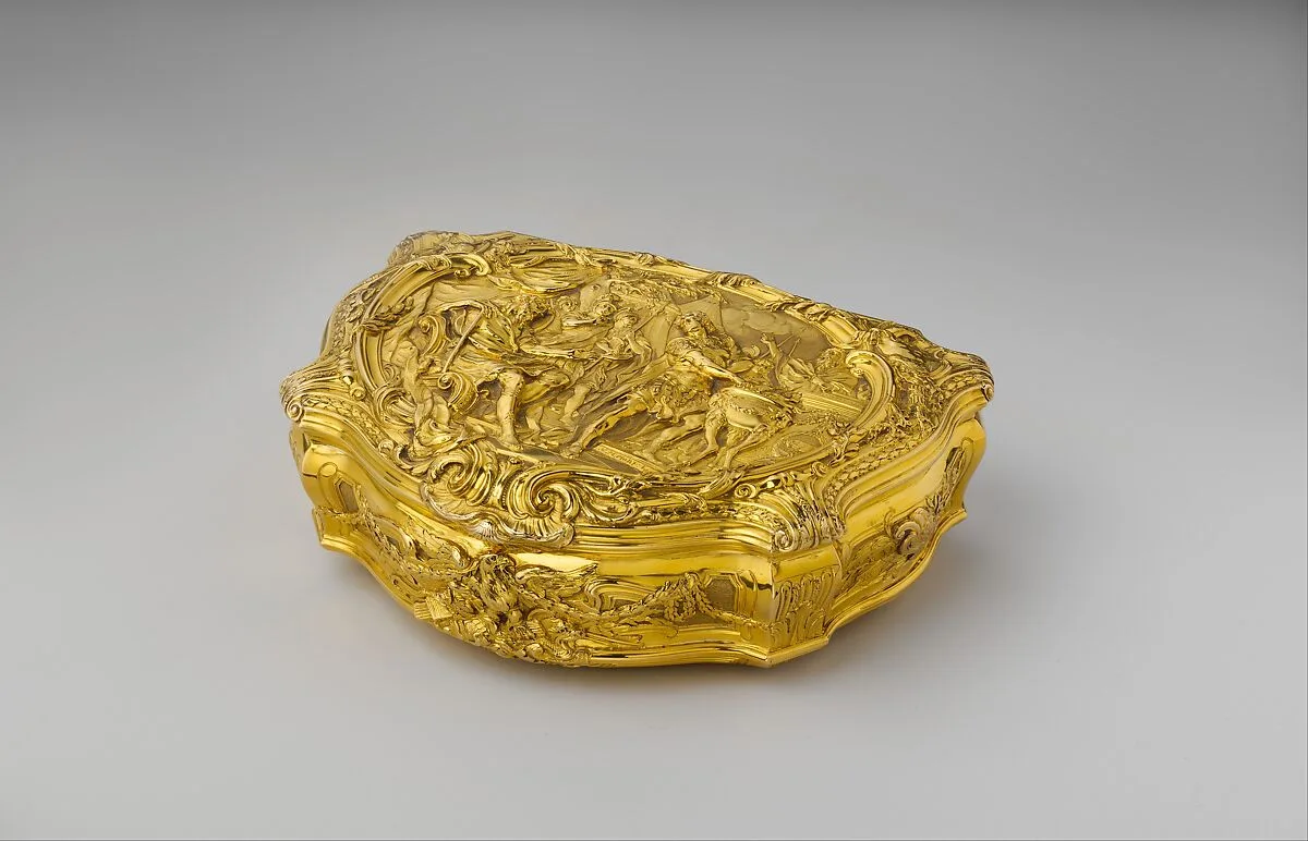 Box with scene depicting Roman hero Gaius Mucius Scaevola before the Etruscan king Lars Porsena — P R|George Michael Moser
