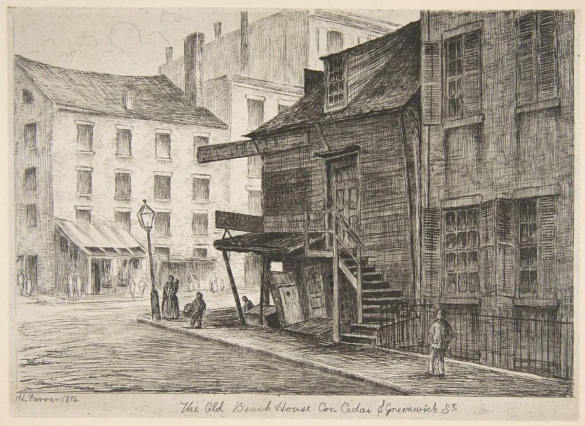 The Old Beach House, Corner of Cedar and Greenwich Streets, from "Scenes of Old New York" — Henry Farrer