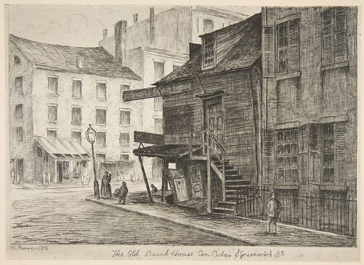 The Old Beach House, Corner of Cedar and Greenwich Streets, from "Scenes of Old New York"