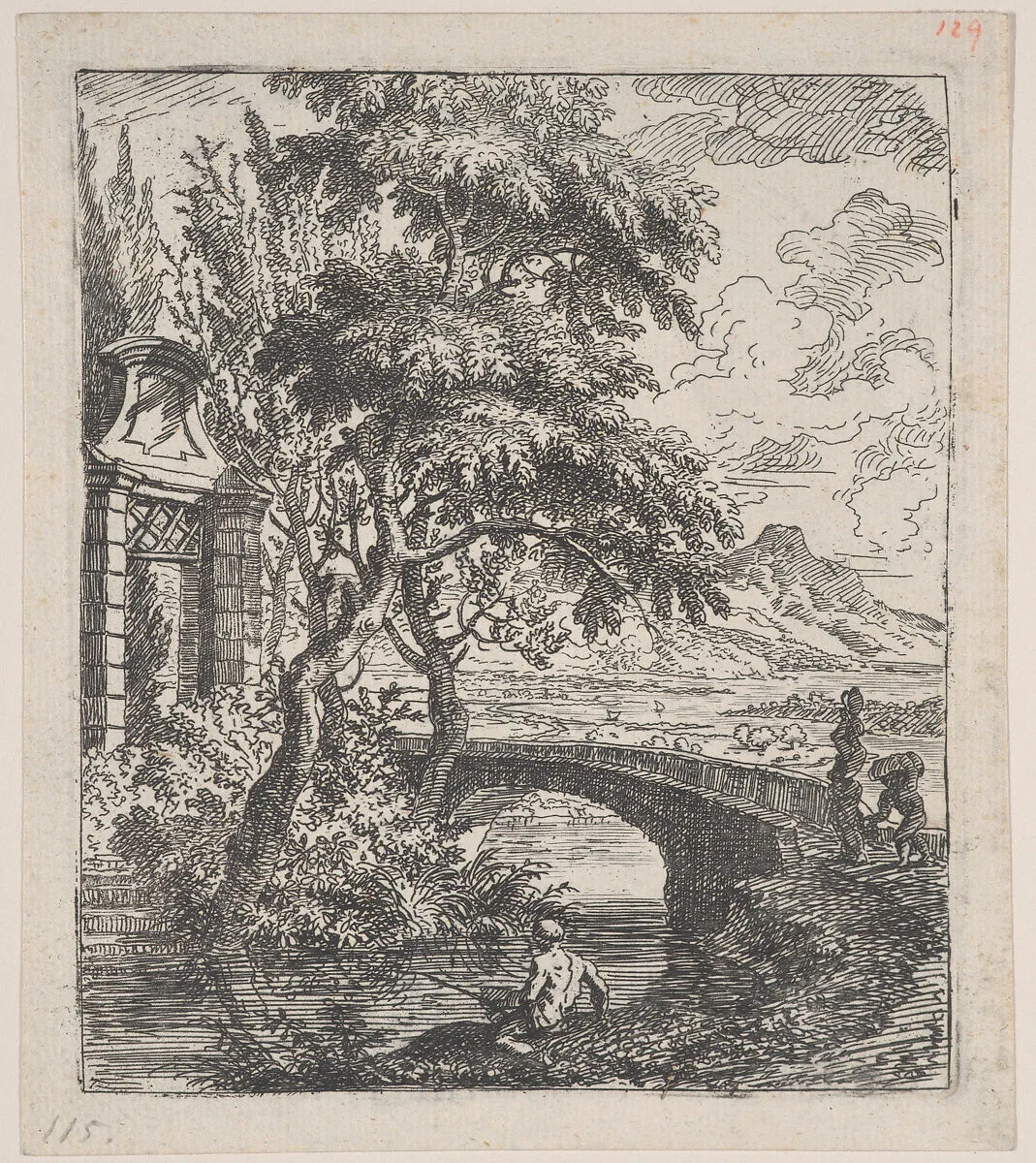 Plate 7: two figures at right about to cross a stone bridge, a fisherman in the foreground, from 'Landscapes in the manner of Gaspar Dughet' — Franz Joachim Beich