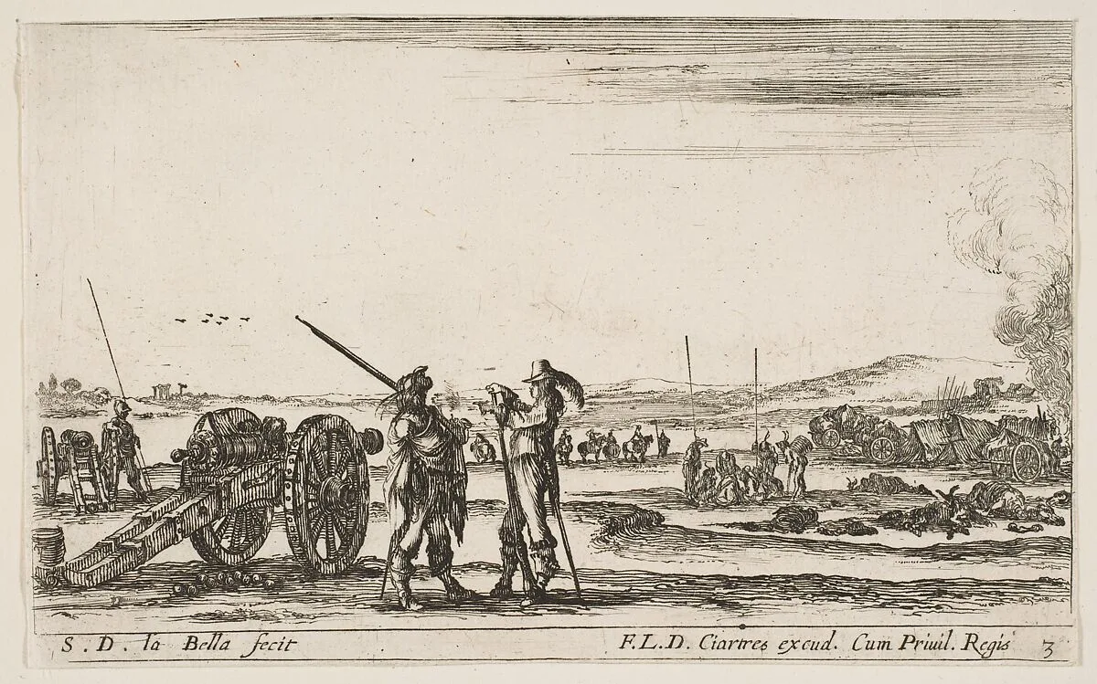 An officer giving orders to a soldier in centre foreground, cannon at left, plate 3 from "Various Military Caprices" (Varii capricci militari) — Stefano della Bella|Pierre Mariette le fils