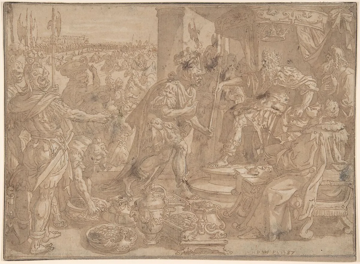Holofernes before Nebuchadnezzar (Judith 2:4-13) — Maerten de Vos