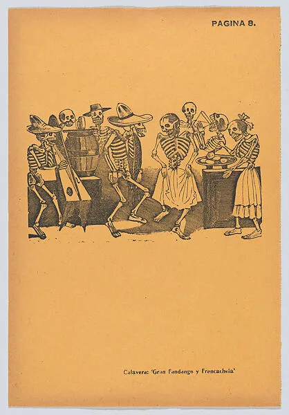 Page 8: skeletons dancing, eating and drinking, from '36 Grabados' (Mexico, 1943) — Arsacio Vanegas Arroyo|José Guadalupe Posada
