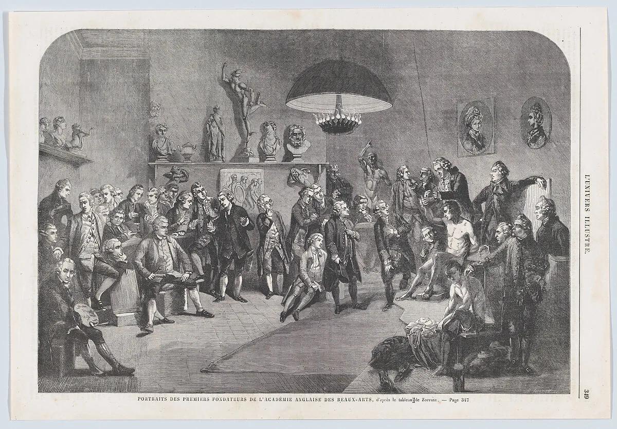 Portraits des premiers fondateurs de l'Académie Anglaise des Beaux-Arts (Portraits of the founding members of the Royal Academy of Arts, London), from "L'Univers Illustré" — Johan Joseph Zoffany|Mason Jackson