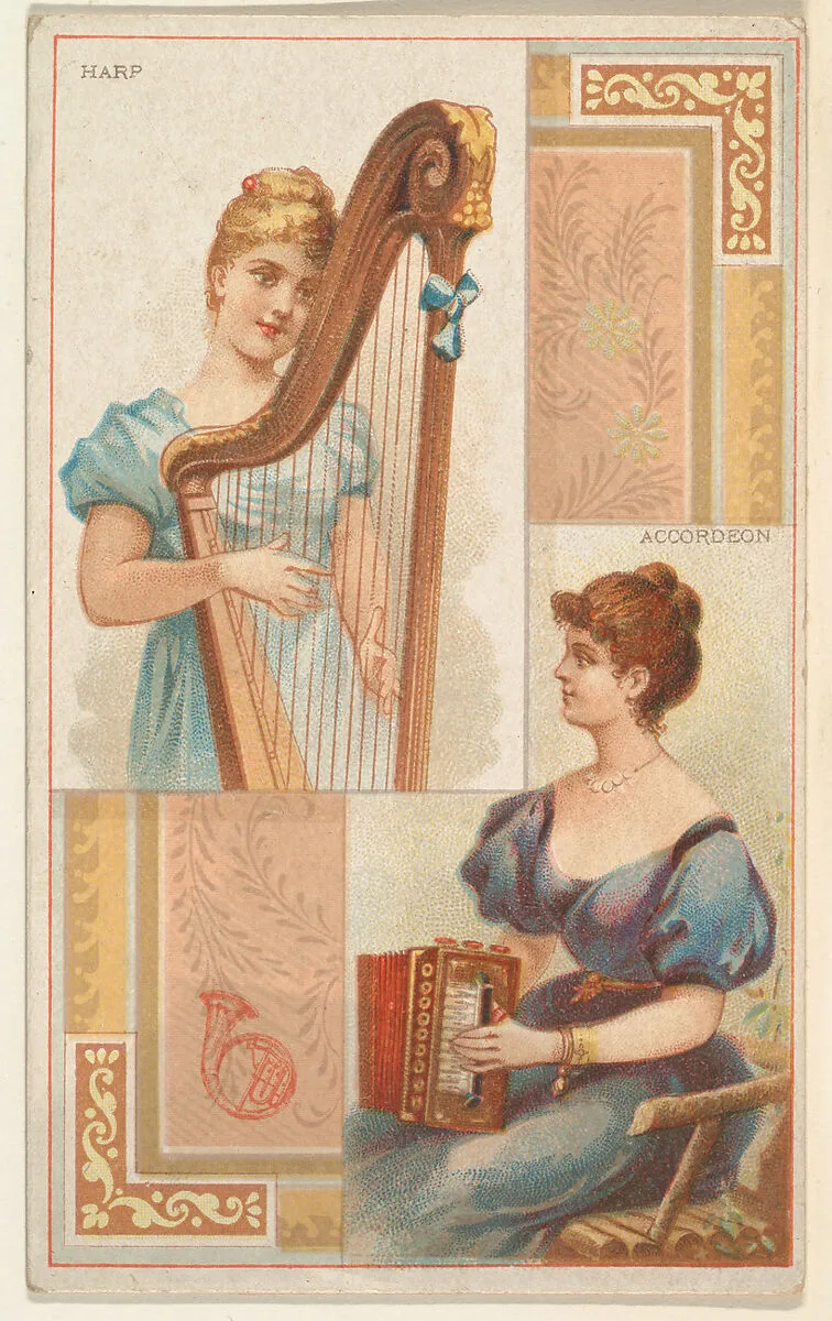 Harp and Accordion, from the Musical Instruments series (N121) issued by Duke Sons & Co. to promote Honest Long Cut Tobacco — W. Duke, Sons & Co.|Schumacher & Ettlinger