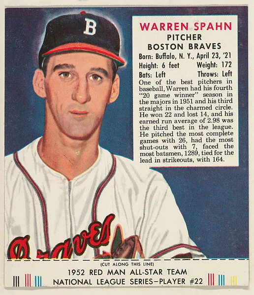 Warren Spahn, from the Red Man All-Star Team series (T232), issued by Red Man Chewing Tobacco — Red Man Chewing Tobacco
