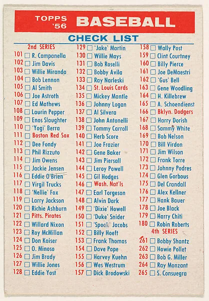 Baseball Checklist, Series 2/4, from the "1956 Topps Regular Issue" series (R414-11), issued by Topps Chewing Gum Company — Topps Chewing Gum Company