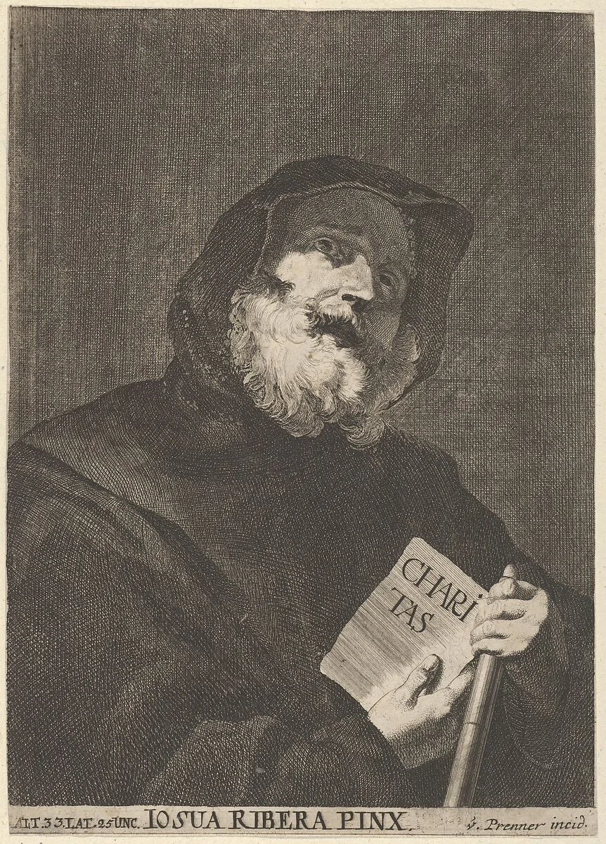 Saint dressed in a hooded cloak, holding book with the inscription "CHARITAS" from a portfolio of reproductions of the Imperial Gallery of Paintings in Vienna; plate 41 of the series — Jusepe de Ribera (called Lo Spagnoletto)|Giorgio Gasparo de Prenner
