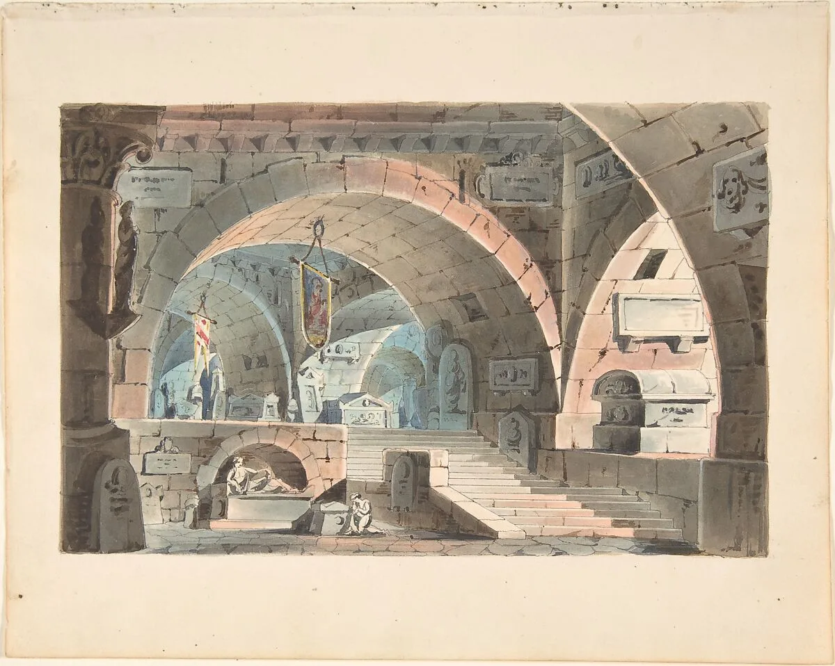 Crypt with a Kneeling Mourner — Anonymous, Italian, 19th century