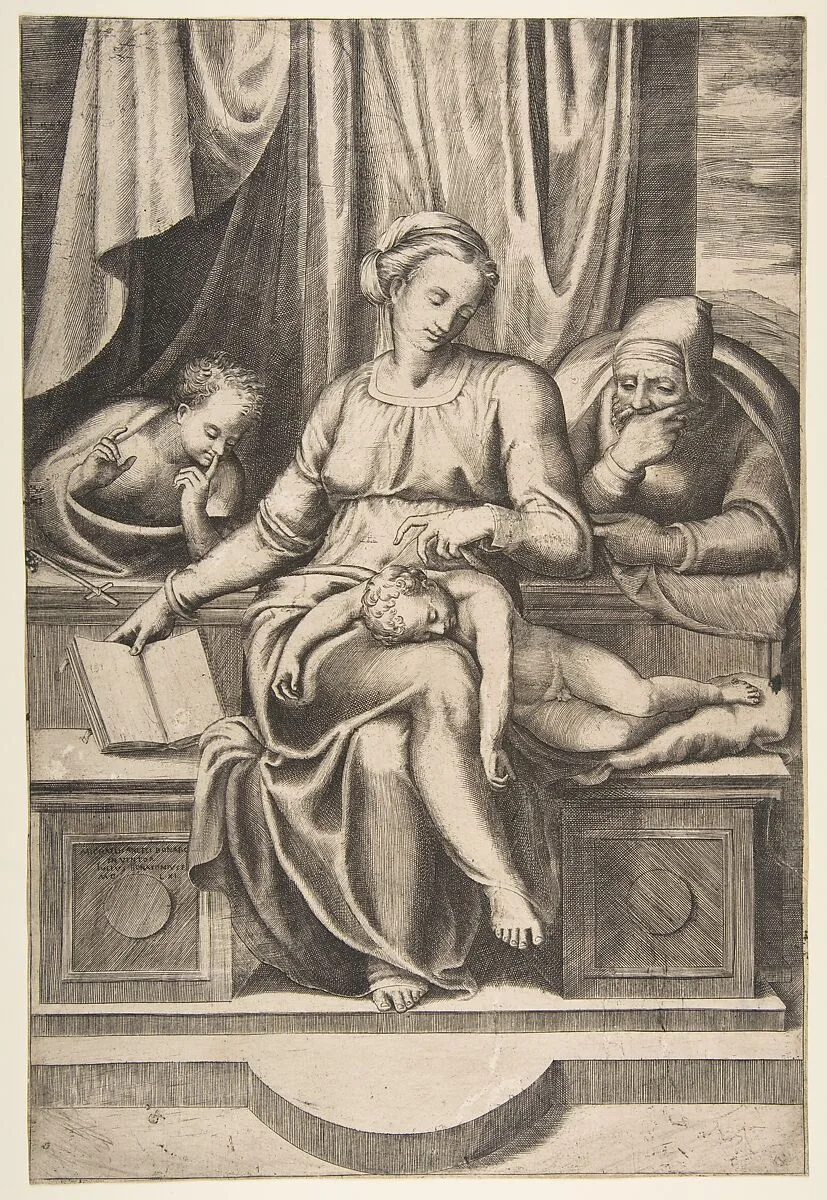 Virgin and Child with Saints Joseph and John the Baptist (after Michelangelo's Madonna del Silenzio) — Giulio Bonasone|Michelangelo Buonarroti