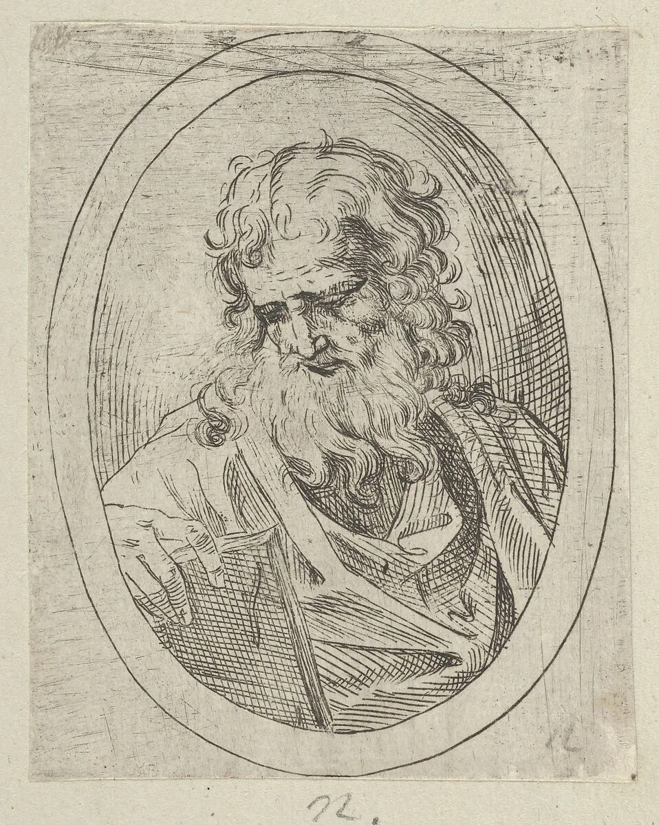 An apostle with a long beard looking down at an open book, in an oval frame, from "Christ, the Virgin, and Thirteen Apostles" — Anonymous, 17th century|Guido Reni