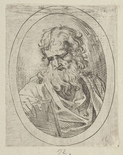 An apostle with a long beard looking down at an open book, in an oval frame, from "Christ, the Virgin, and Thirteen Apostles"