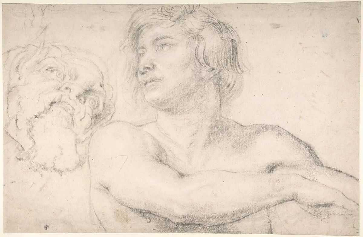 Half-Figure of a Nude Man Facing Left, Head of a Satyr — Peter Paul Rubens
