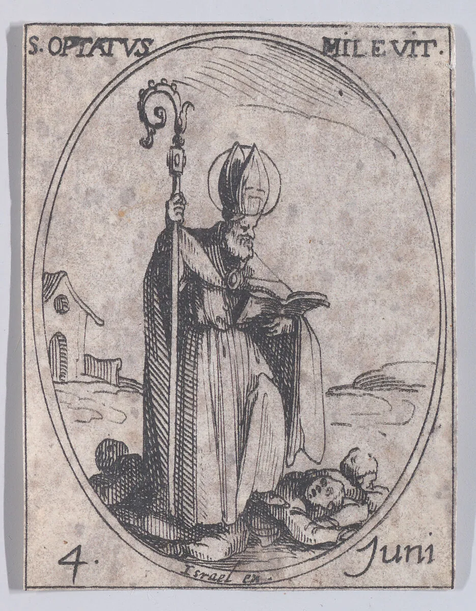S. Optat de Milève (St. Optatus of Milevis), June 4th, from "Les Images De Tous Les Saincts et Saintes de L'Année" (Images of All of the Saints and Religious Events of the Year) — Jacques Callot|Israël Henriet