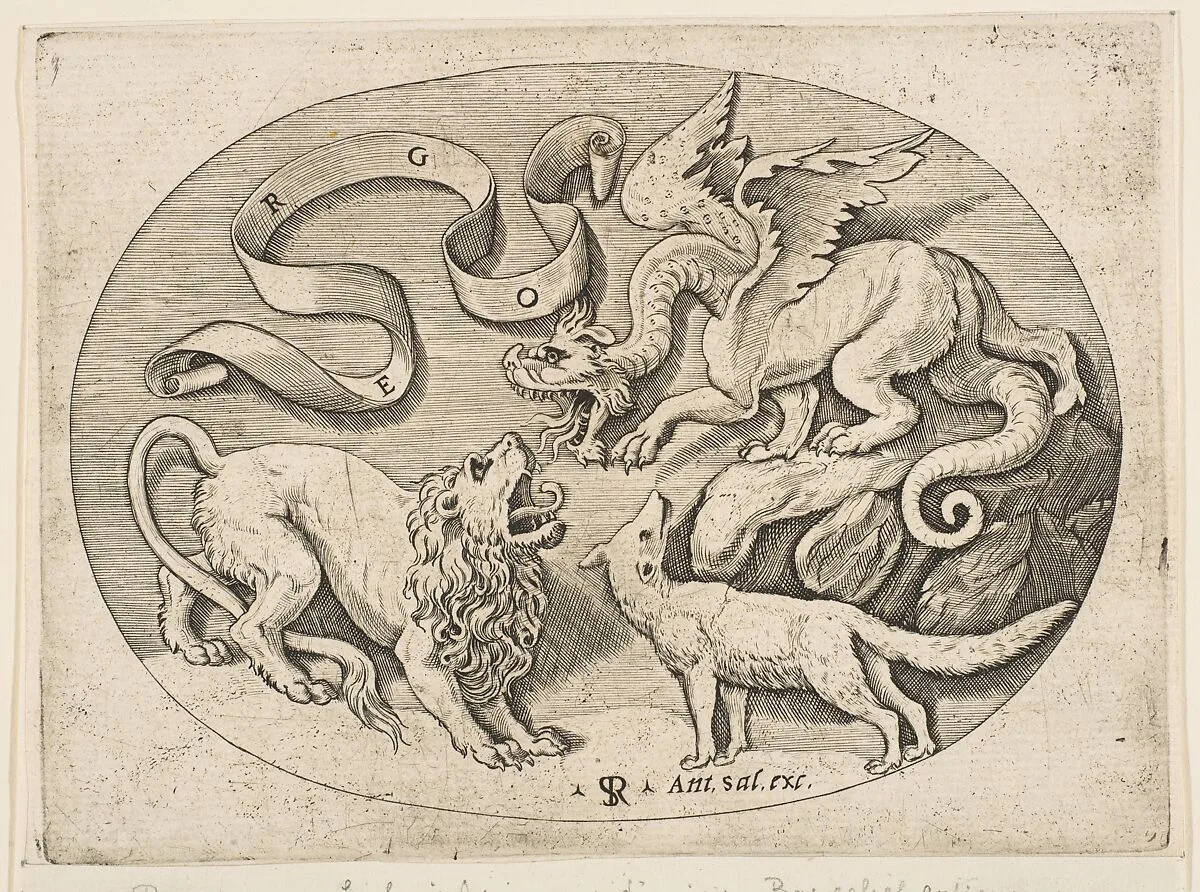 A lion, dragon and fox fighting each other, an inscribed banderole above, an oval composition — Marco Dente