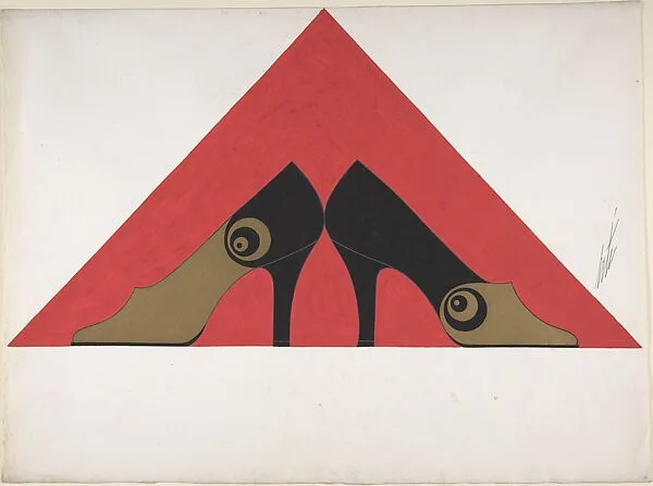 Pair of Black and Gold Pumps with a Concentric Circle Detail for Delman's Shoes, New York — Erté (Romain de Tirtoff)