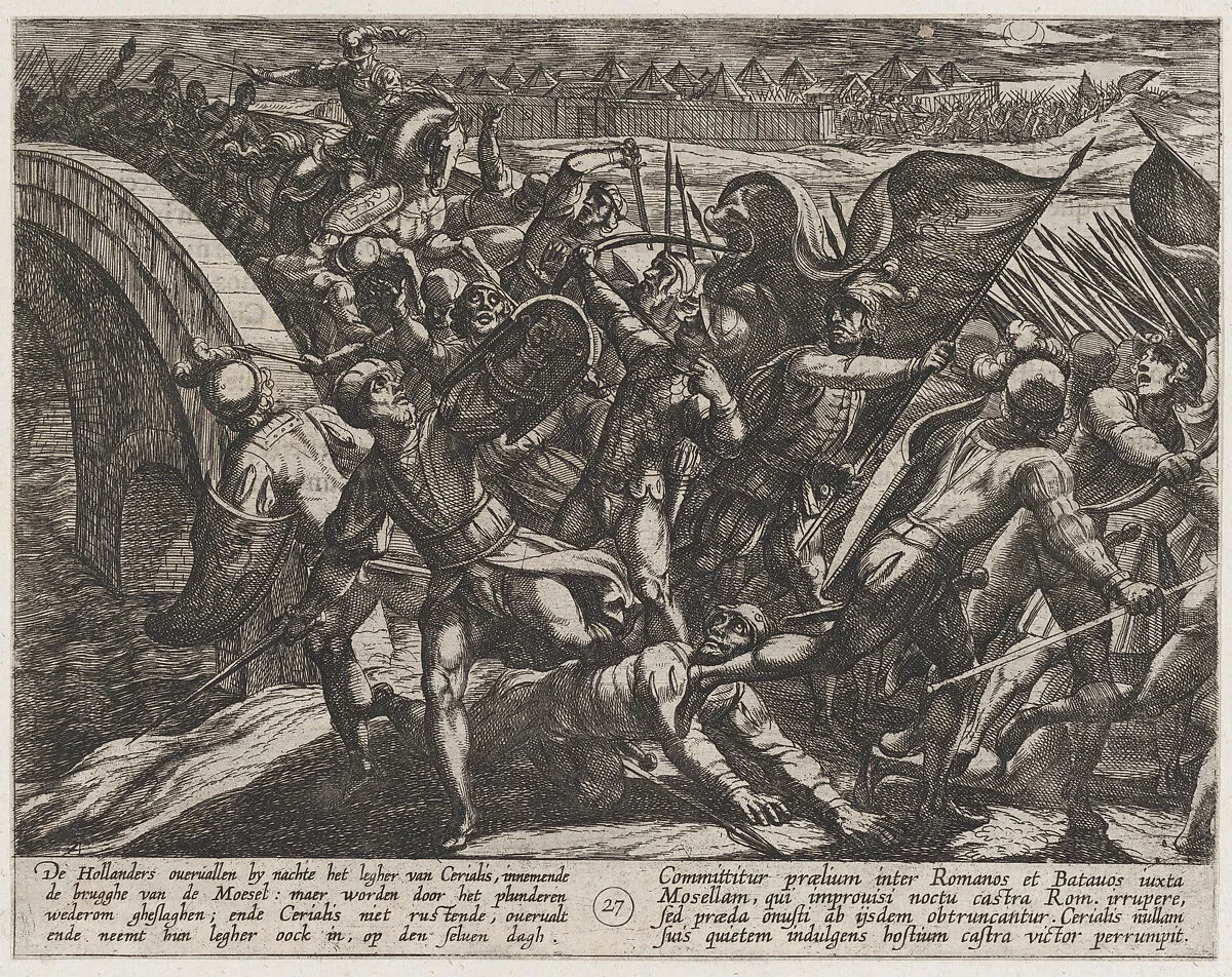 Plate 27: The Dutch During a Surprise Attack of the Roman Camp on the Moselle, from The War of the Romans Against the Batavians (Romanorvm et Batavorvm societas) — Antonio Tempesta|Otto van Veen