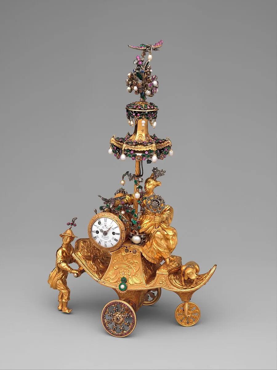 Automaton in the form of a chariot pushed by a Chinese attendant and set with a clock — James Cox