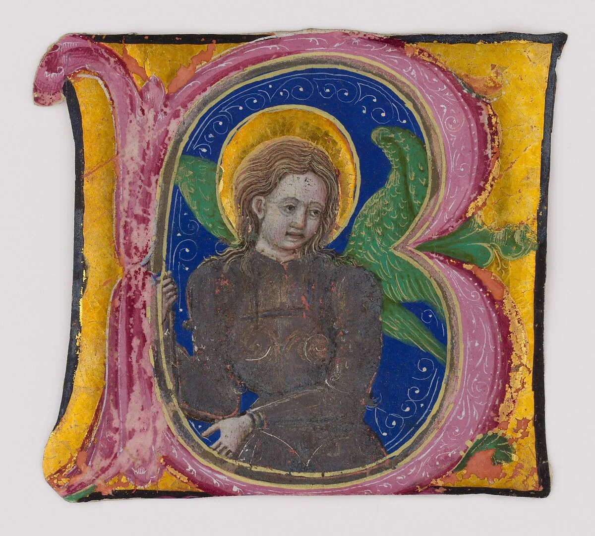 Manuscript Leaf Cutting from a Choir Book with an Illuminated Initial B and the Archangel Michael — Unknown