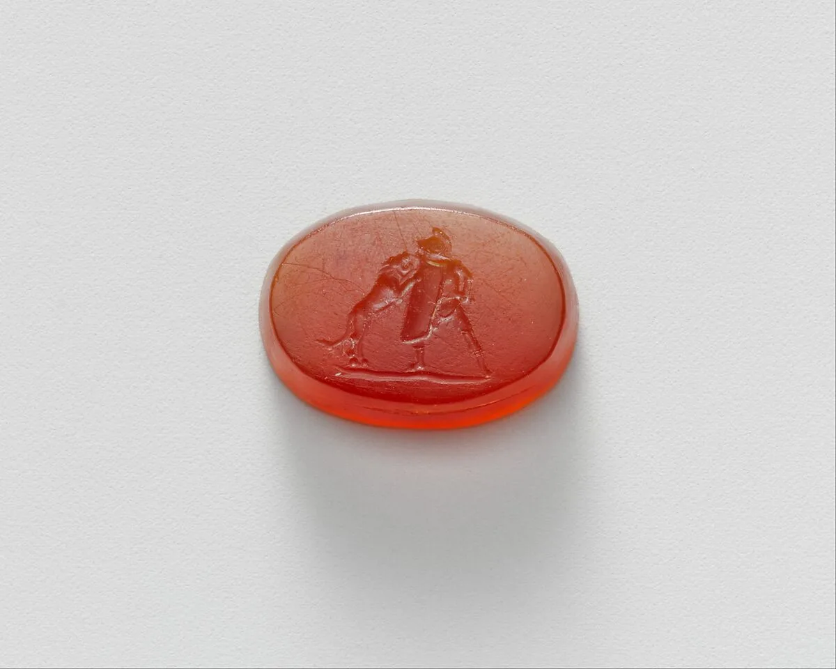 Carnelian intaglio of a gladiator fighting a lion — Unknown
