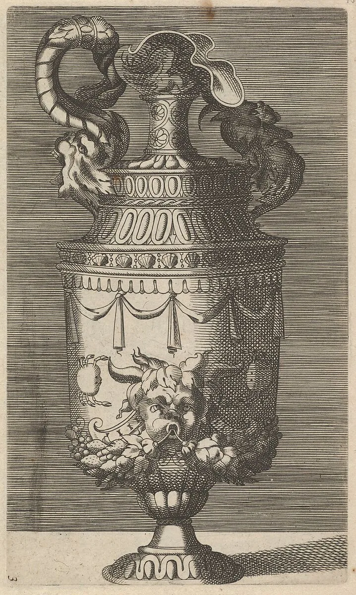 Vase with a Mask, Garlands and Two Crabs — Claes Jansz. Visscher|René Boyvin|Frederick de Wit|Polidoro da Caravaggio|Rosso Fiorentino